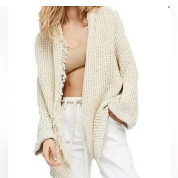 Free People I’ll Be Around Cardigan Sweater Oatmeal Open Front Sz Small - Picture 1 of 14